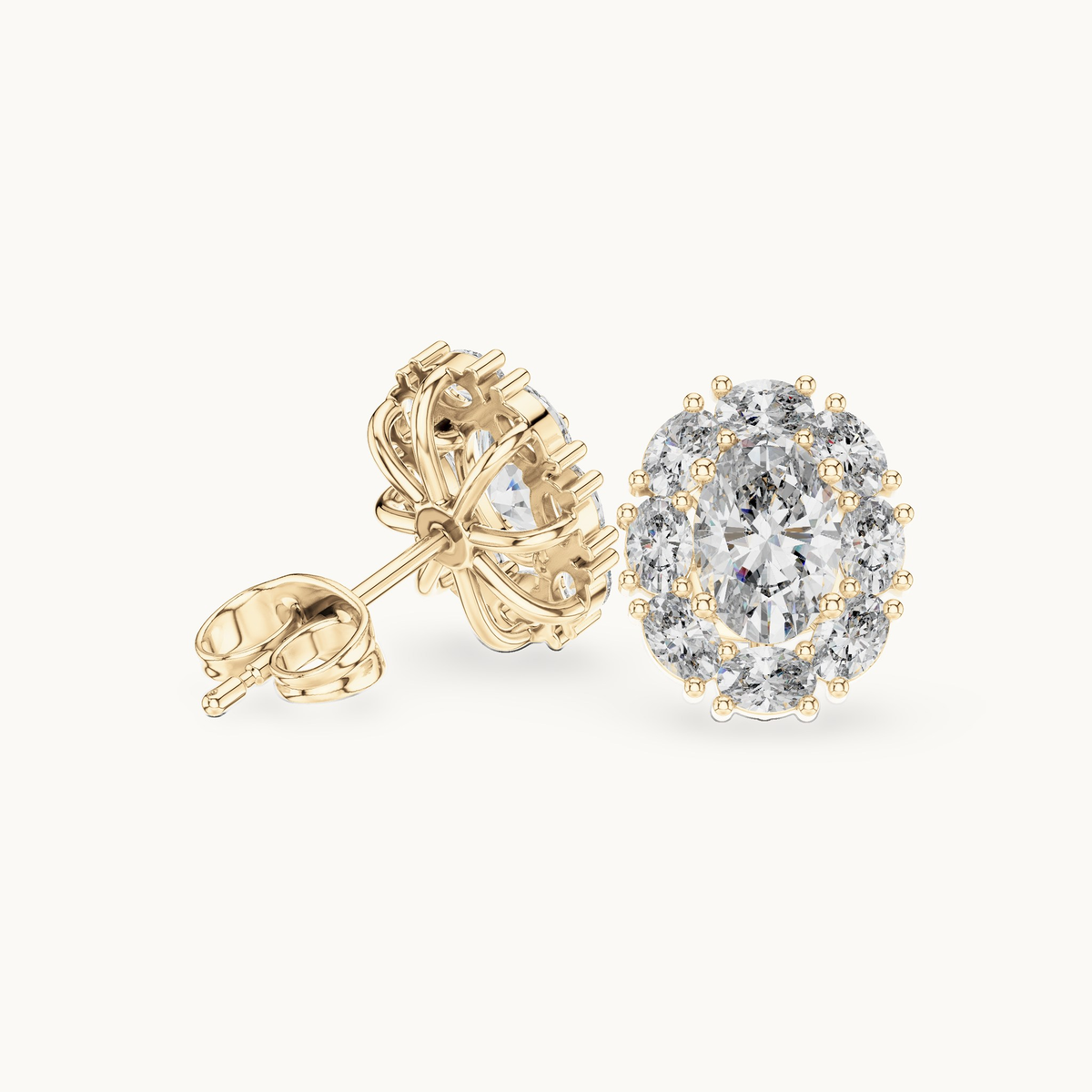 Oval lab-grown diamond halo stud earrings in 14K yellow gold, 1.69 CT TW, view 1