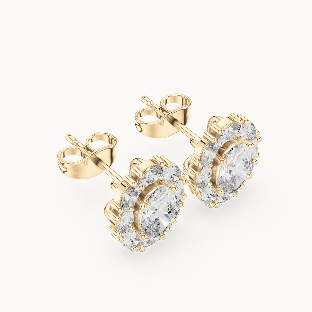 Oval lab-grown diamond halo stud earrings in 14K yellow gold, 1.69 CT TW, view 2