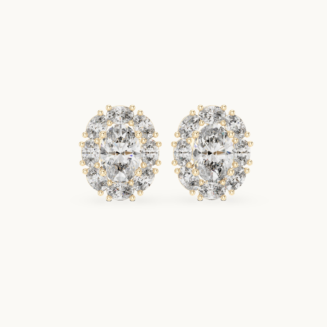 Oval lab-grown diamond halo stud earrings in 14K yellow gold, 1.69 CT TW, view 4