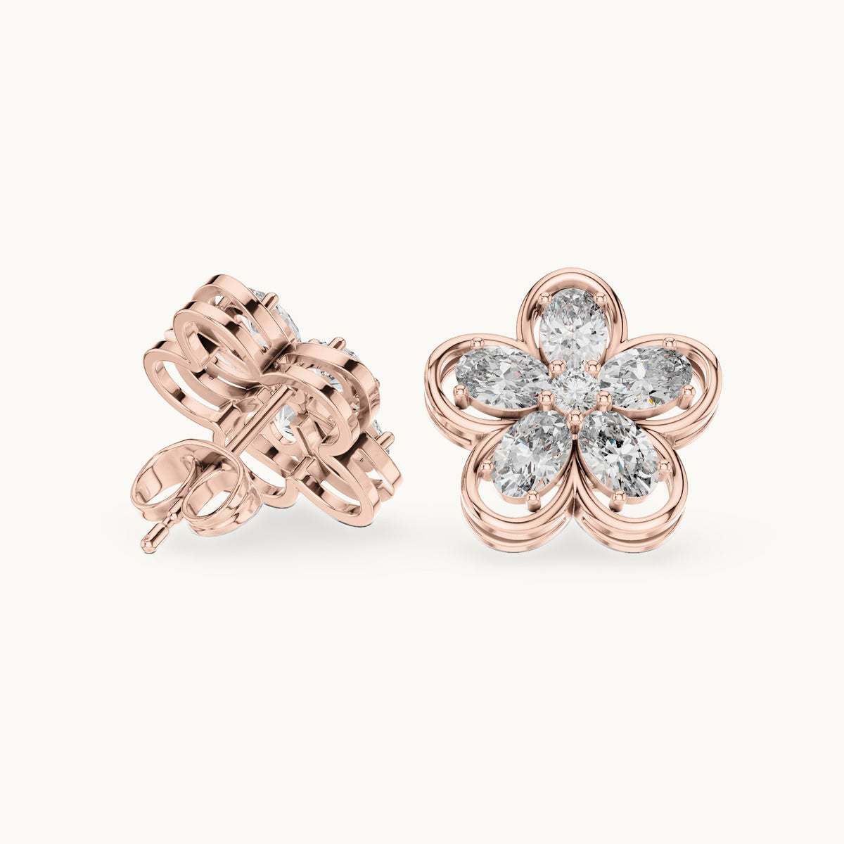 Oval and round lab-grown diamond five-petal flower stud earrings in rose gold, 1.59 CT TW, view 1
