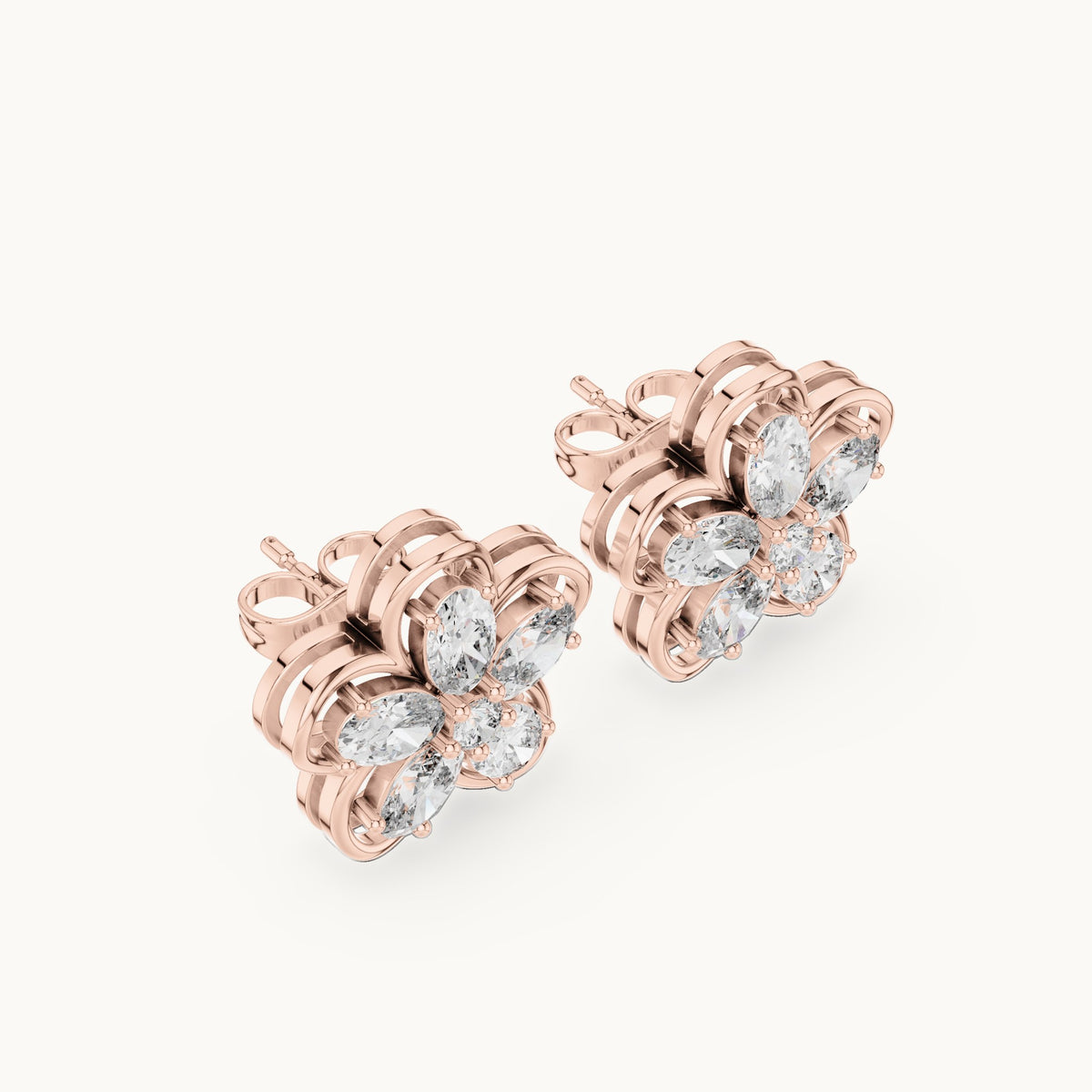 Oval and round lab-grown diamond five-petal flower stud earrings in rose gold, 1.59 CT TW, view 2