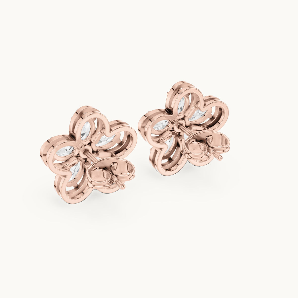Oval and round lab-grown diamond five-petal flower stud earrings in rose gold, 1.59 CT TW, view 3
