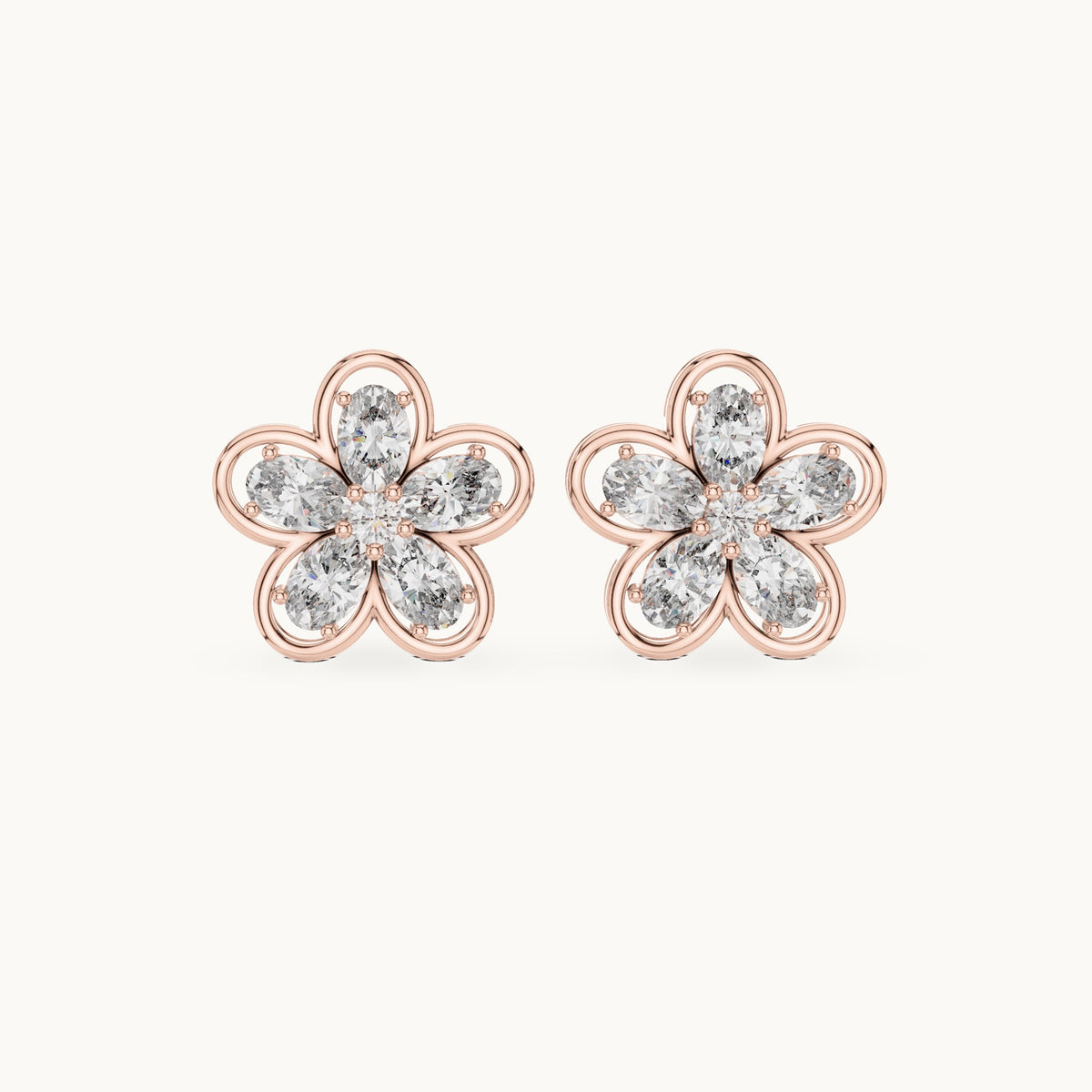 Oval and round lab-grown diamond five-petal flower stud earrings in rose gold, 1.59 CT TW, view 4