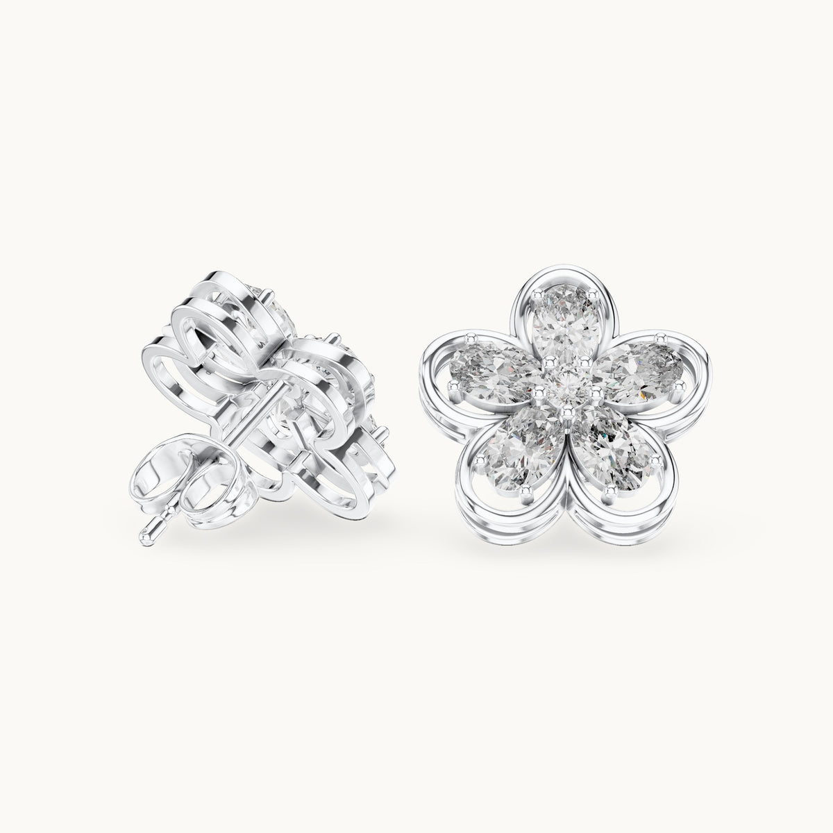Oval and round lab-grown diamond five-petal flower stud earrings in white gold, 1.59 CT TW, view 1