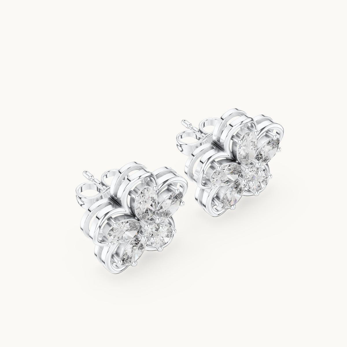 Oval and round lab-grown diamond five-petal flower stud earrings in white gold, 1.59 CT TW, view 2