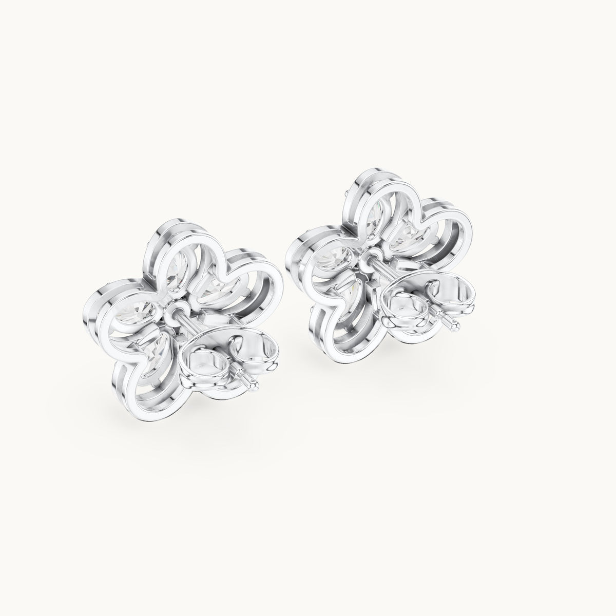 Oval and round lab-grown diamond five-petal flower stud earrings in white gold, 1.59 CT TW, view 3