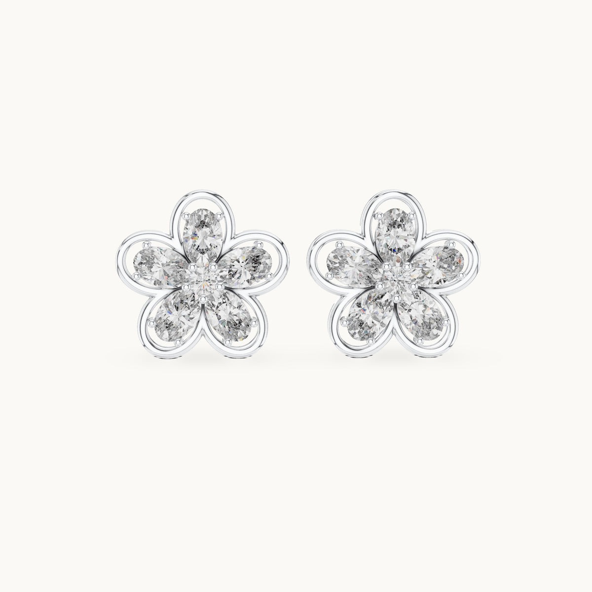 Oval and round lab-grown diamond five-petal flower stud earrings in white gold, 1.59 CT TW, view 4