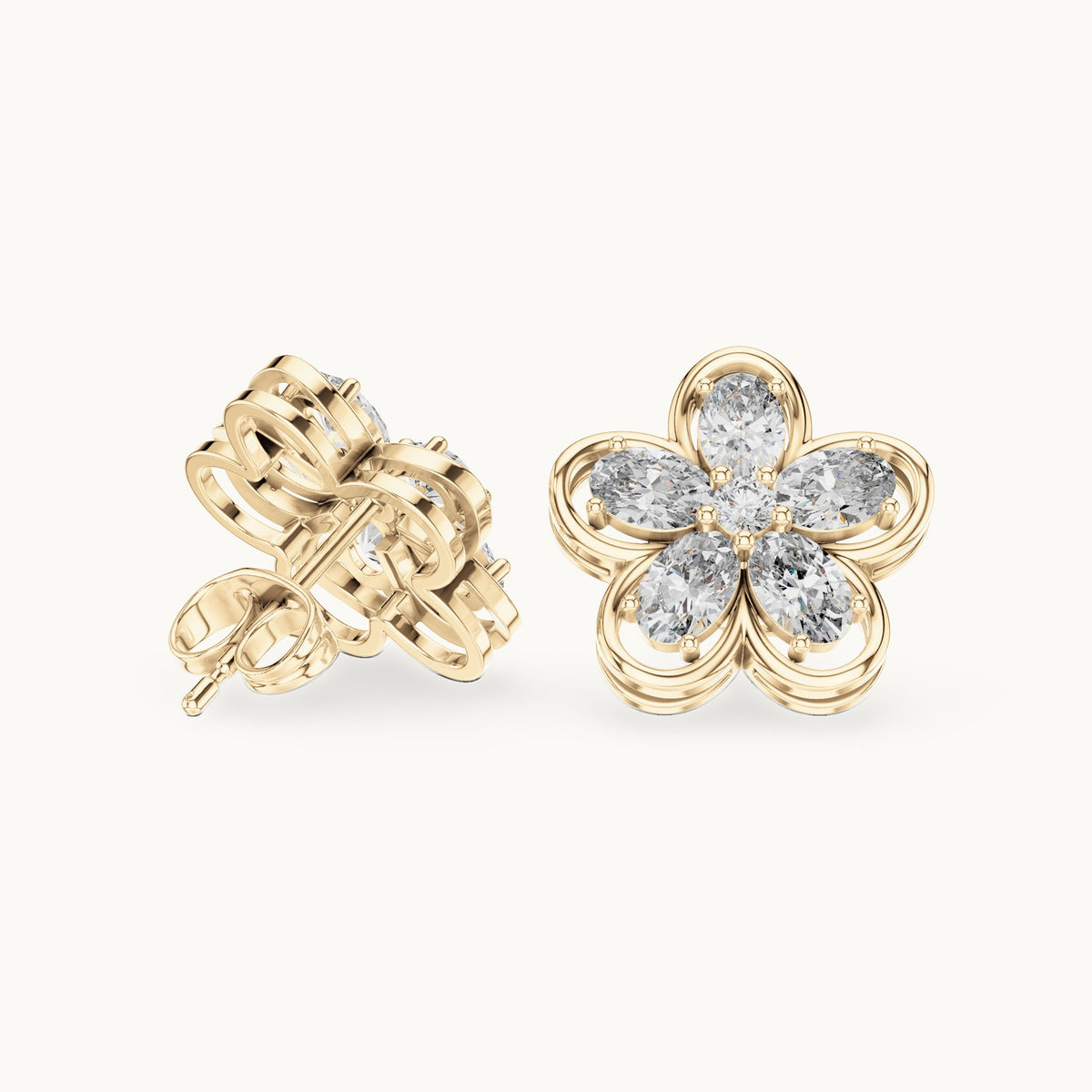 Oval and round lab-grown diamond five-petal flower stud earrings in yellow gold, 1.59 CT TW, view 1