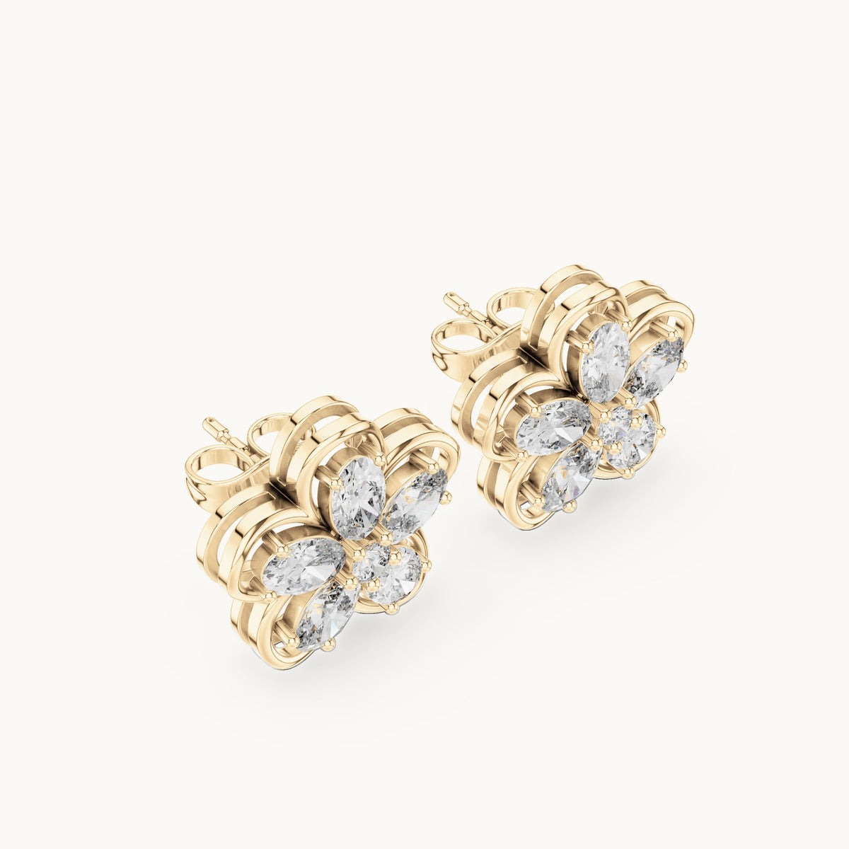 Oval and round lab-grown diamond five-petal flower stud earrings in yellow gold, 1.59 CT TW, view 2