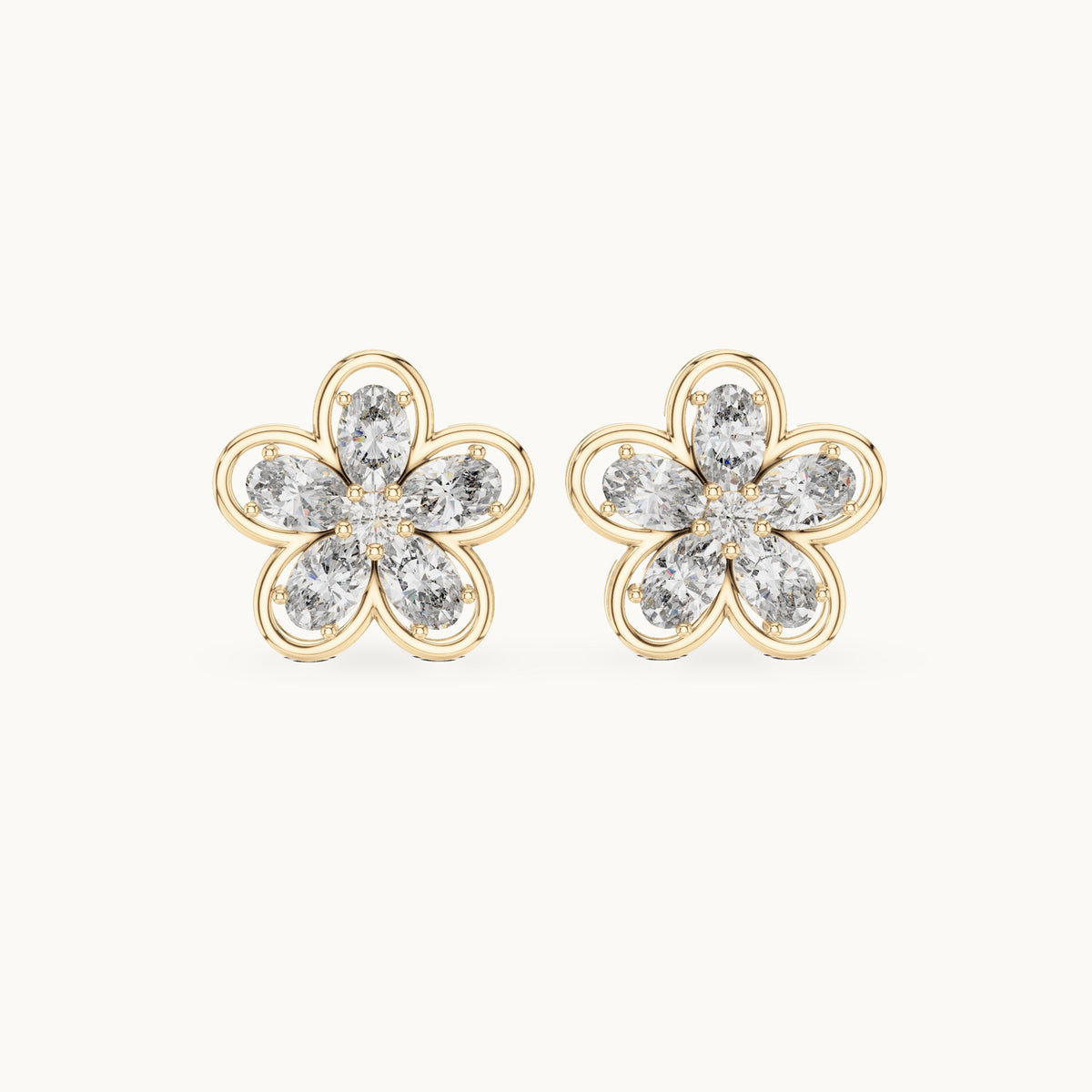 Oval and round lab-grown diamond five-petal flower stud earrings in yellow gold, 1.59 CT TW, view 4