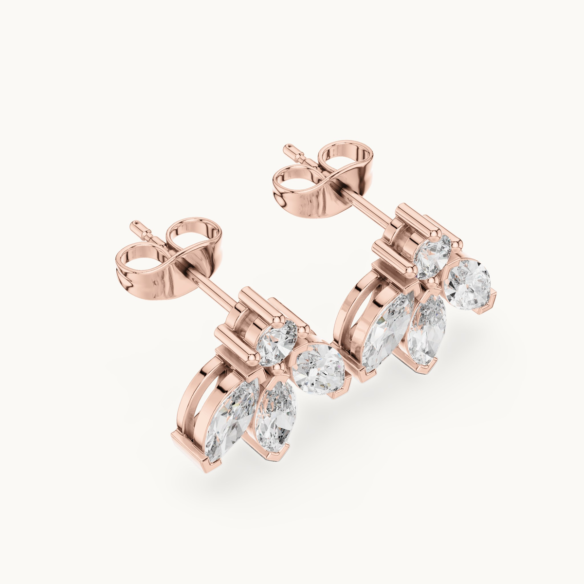 Marquise and round lab-grown diamond cluster stud earrings in 14K rose gold, 1.34 CT TW, view 2