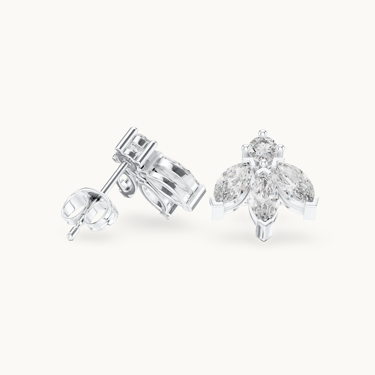 Marquise and round lab-grown diamond cluster stud earrings in 14K white gold, 1.34 CT TW, view 1