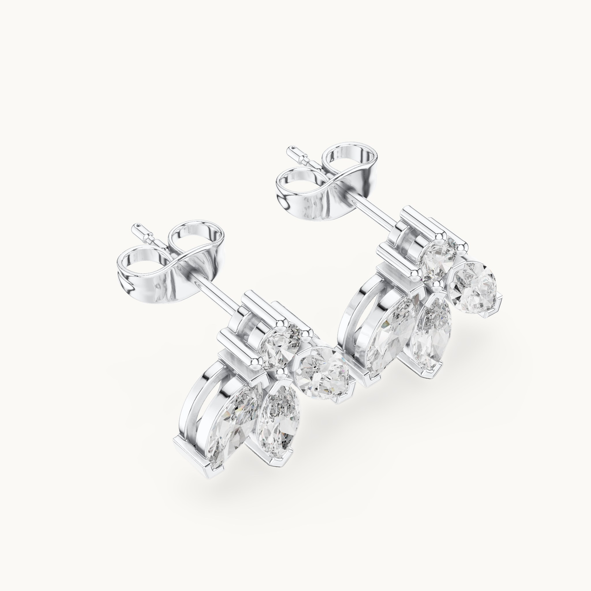 Marquise and round lab-grown diamond cluster stud earrings in 14K white gold, 1.34 CT TW, view 2