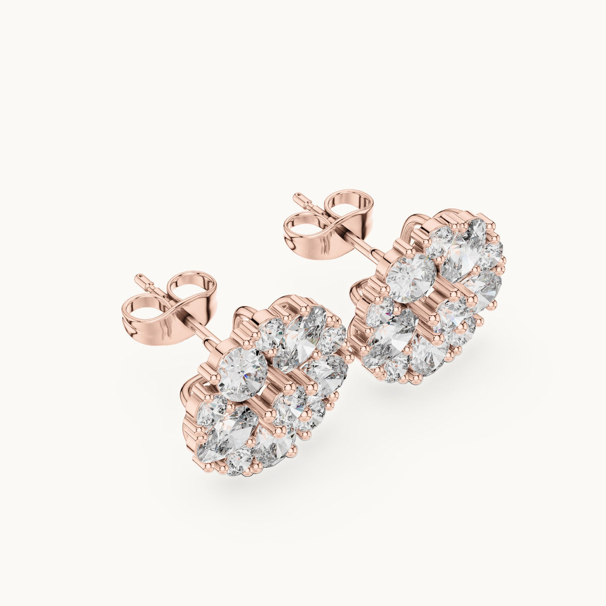 Oval and round lab-grown diamond rosette cluster stud earrings in rose gold, 2.97 CT TW, view 2