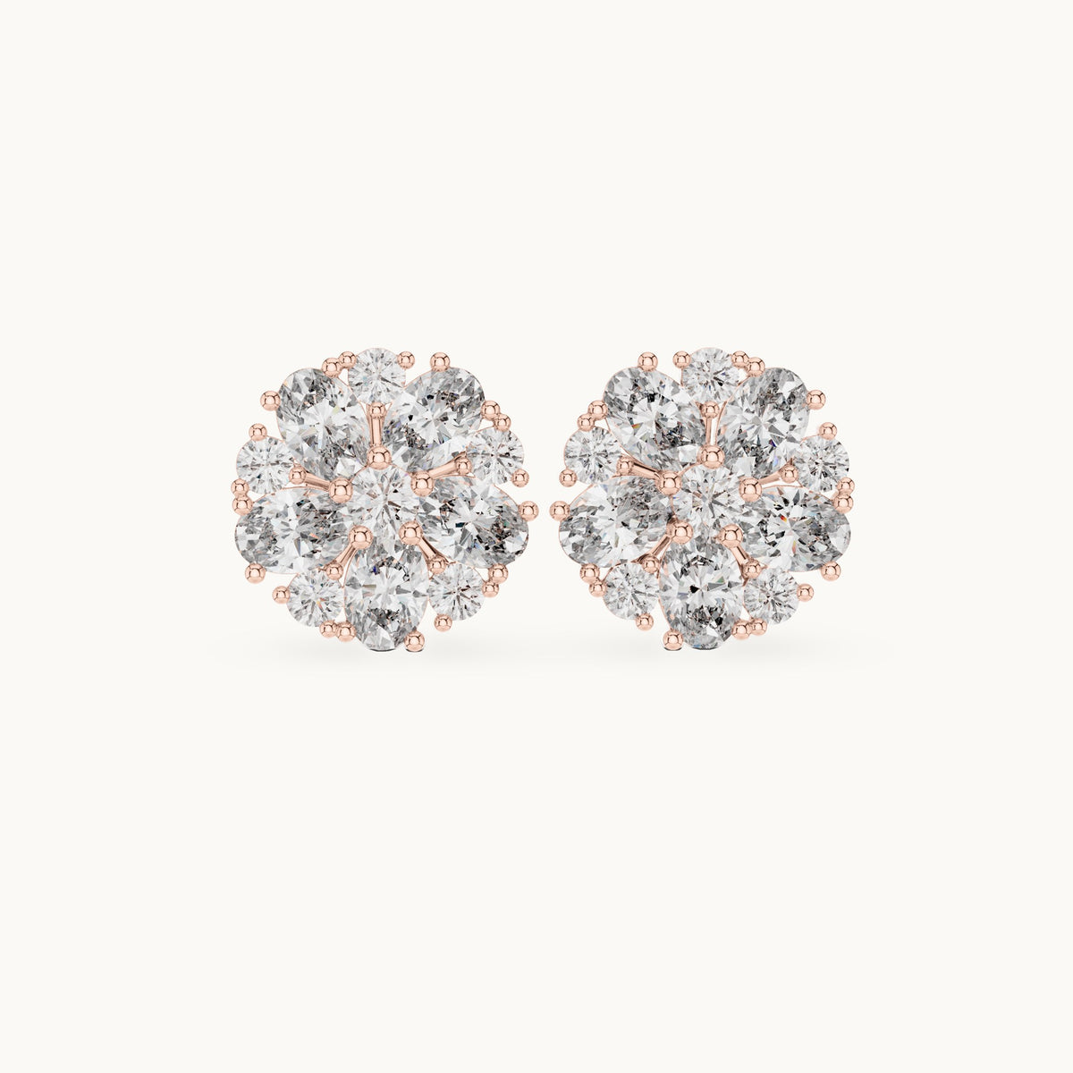 Oval and round lab-grown diamond rosette cluster stud earrings in rose gold, 2.97 CT TW, view 4