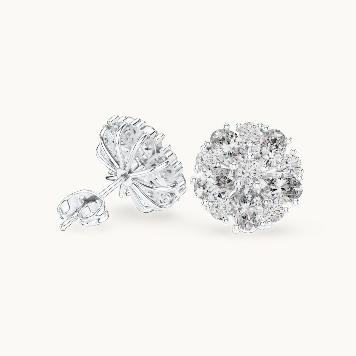 Oval and round lab-grown diamond rosette cluster stud earrings in white gold, 2.97 CT TW, view 1