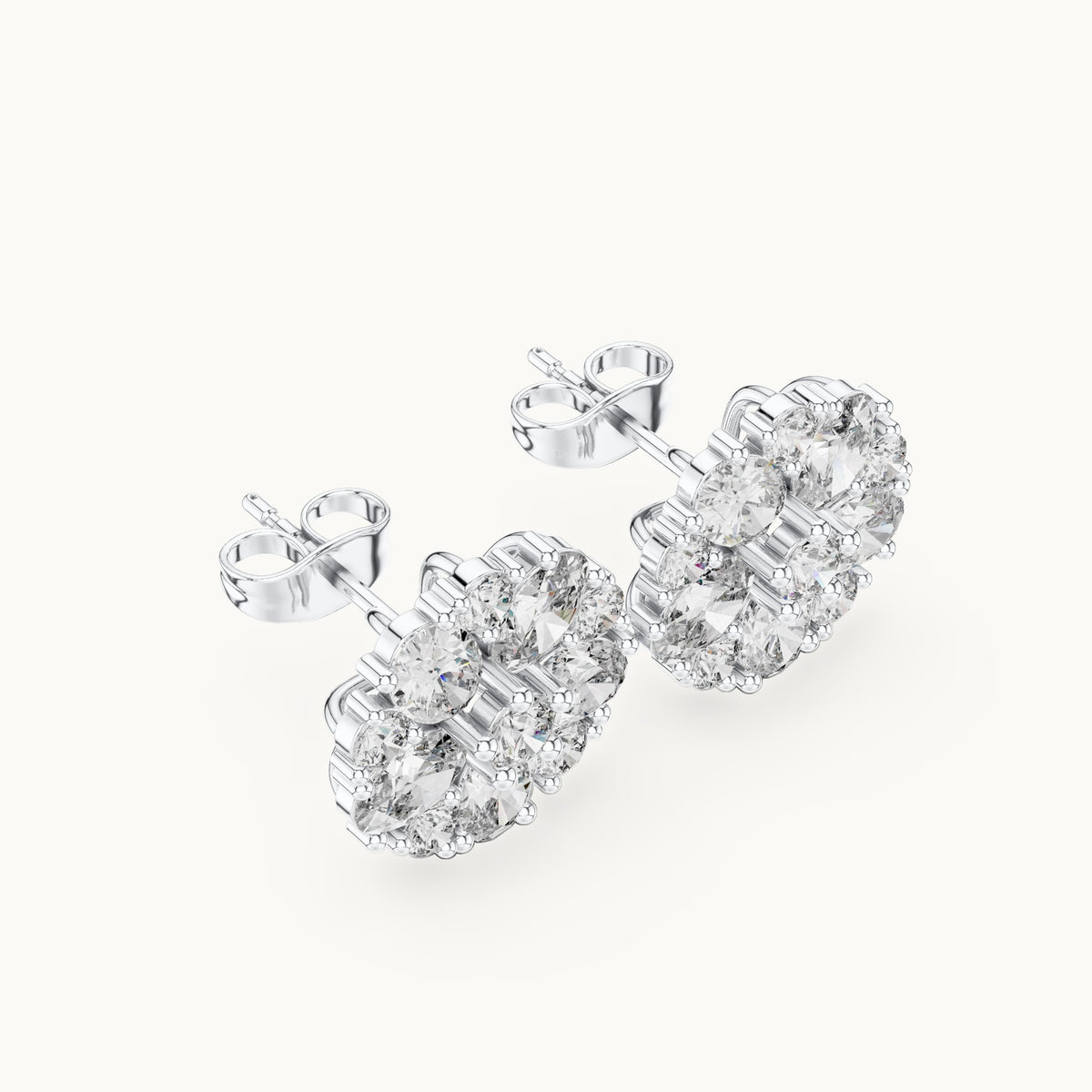 Oval and round lab-grown diamond rosette cluster stud earrings in white gold, 2.97 CT TW, view 2