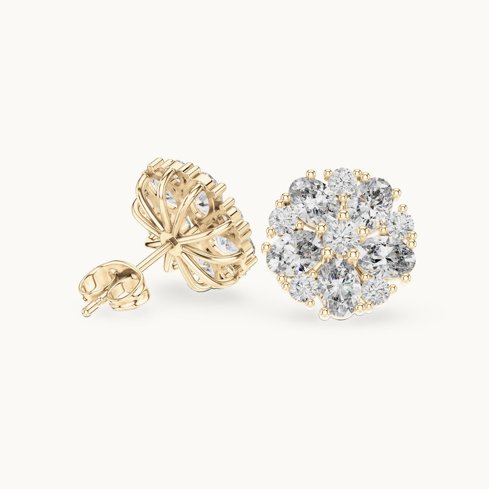 Oval and round lab-grown diamond rosette cluster stud earrings in yellow gold, 2.97 CT TW, view 1