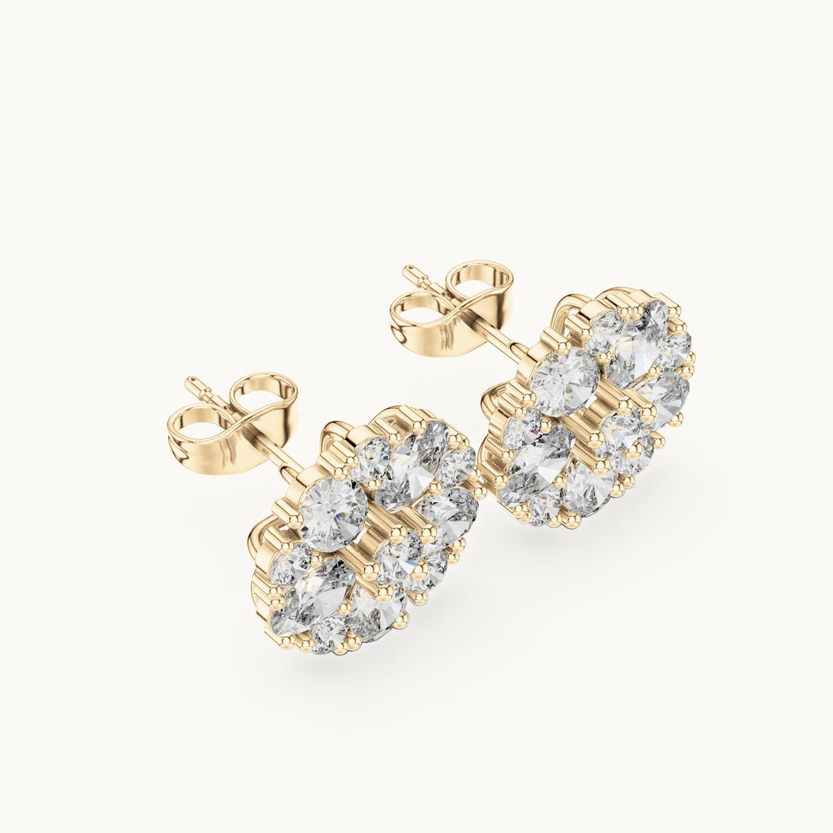 Oval and round lab-grown diamond rosette cluster stud earrings in yellow gold, 2.97 CT TW, view 2