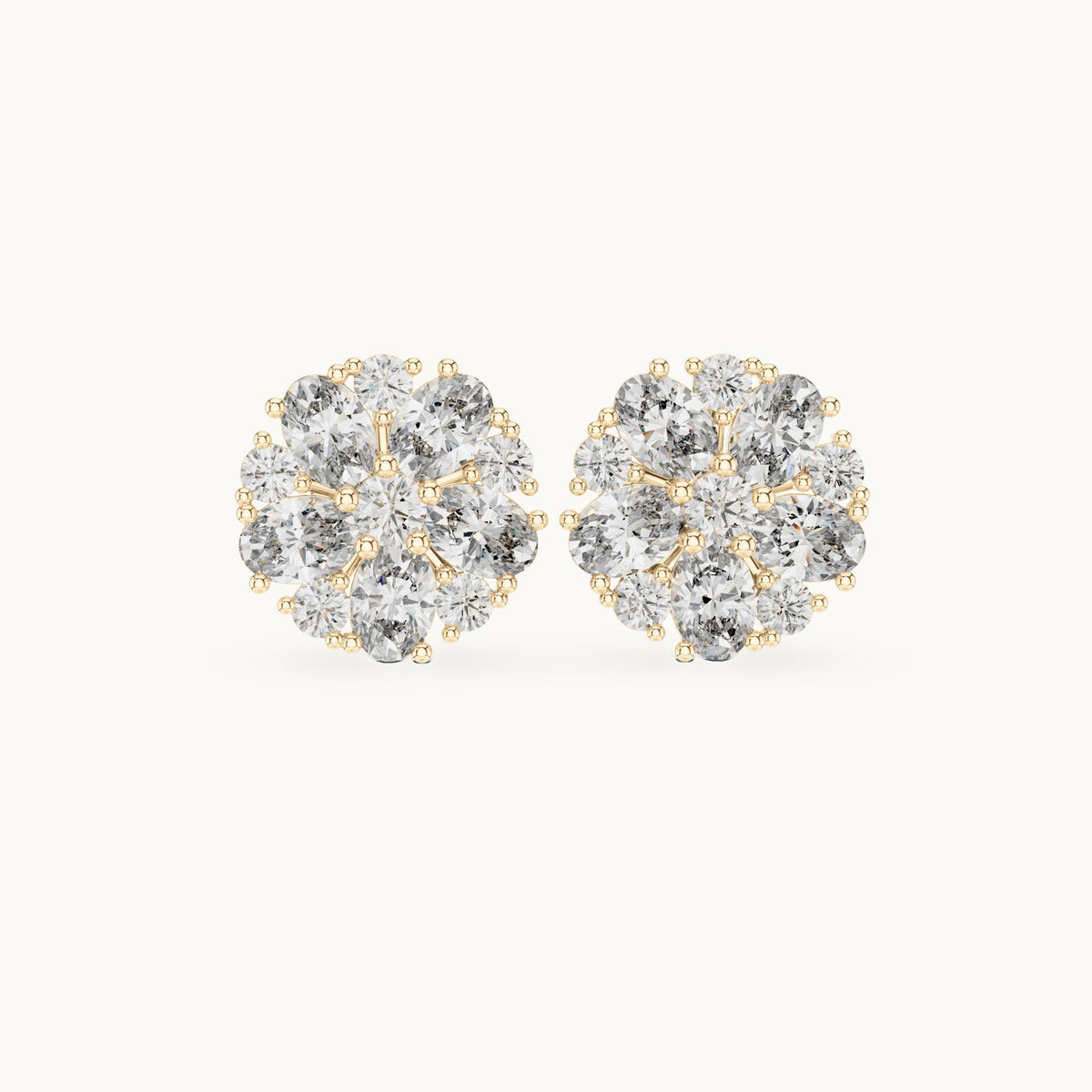 Oval and round lab-grown diamond rosette cluster stud earrings in yellow gold, 2.97 CT TW, view 4