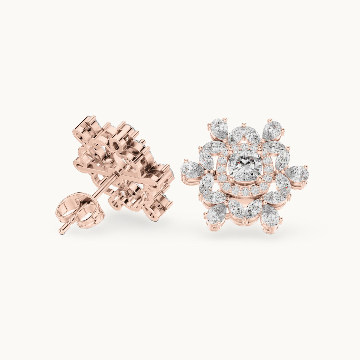 Cushion-cut, marquise and pear lab-grown diamond snowflake halo stud earrings in rose gold, 1.80 CT TW, view 1