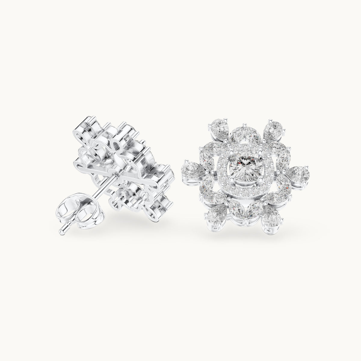Cushion-cut, marquise and pear lab-grown diamond snowflake halo stud earrings in white gold, 1.80 CT TW, view 1