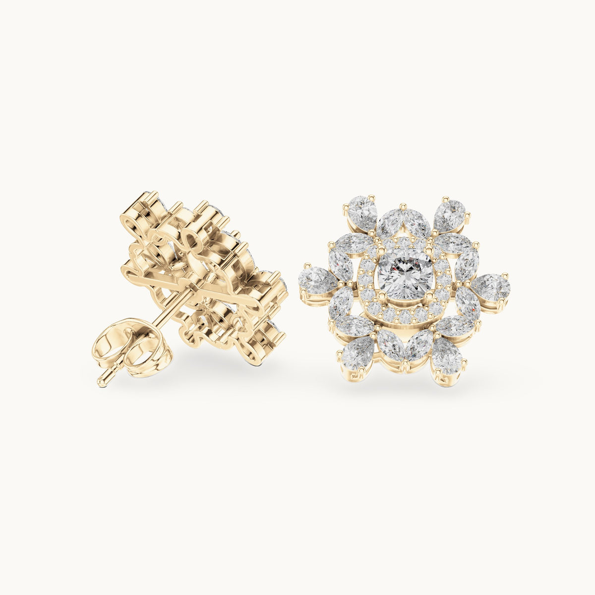 Cushion-cut, marquise and pear lab-grown diamond snowflake halo stud earrings in yellow gold, 1.80 CT TW, view 1