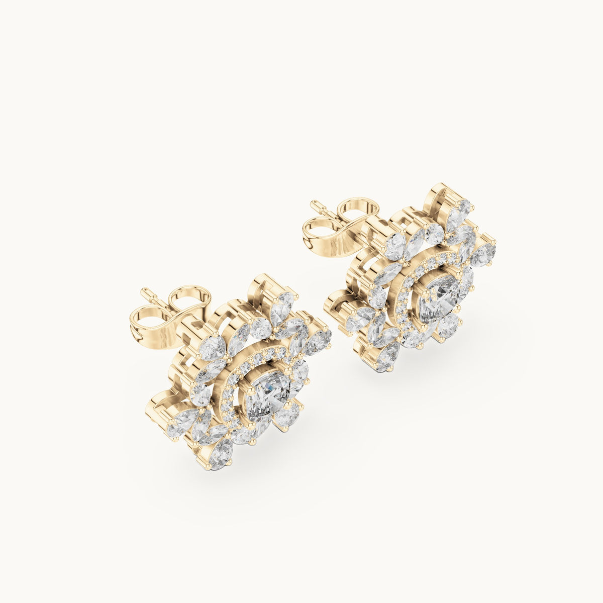 Cushion-cut, marquise and pear lab-grown diamond snowflake halo stud earrings in yellow gold, 1.80 CT TW, view 2