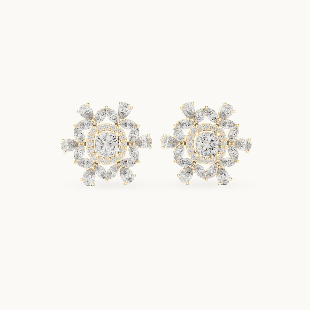 Cushion-cut, marquise and pear lab-grown diamond snowflake halo stud earrings in yellow gold, 1.80 CT TW, view 4