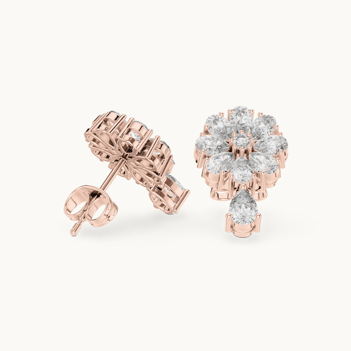 Pear and round lab-grown diamond flower cluster drop earrings in rose gold, 1.73 CT TW, view 1