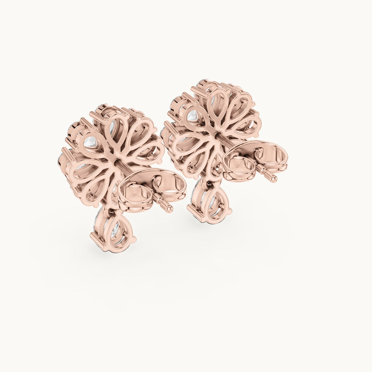 Pear and round lab-grown diamond flower cluster drop earrings in rose gold, 1.73 CT TW, view 3