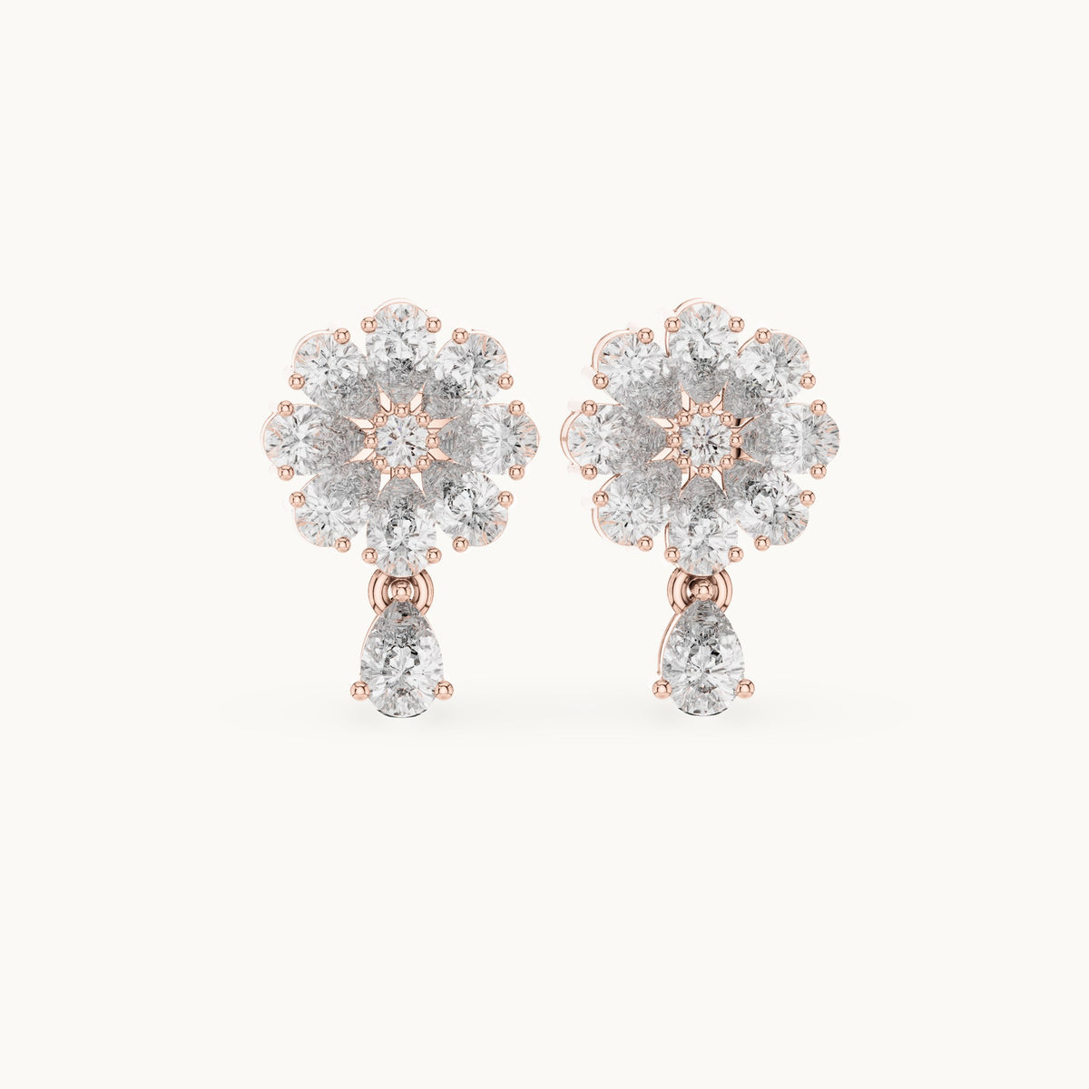 Pear and round lab-grown diamond flower cluster drop earrings in rose gold, 1.73 CT TW, view 4