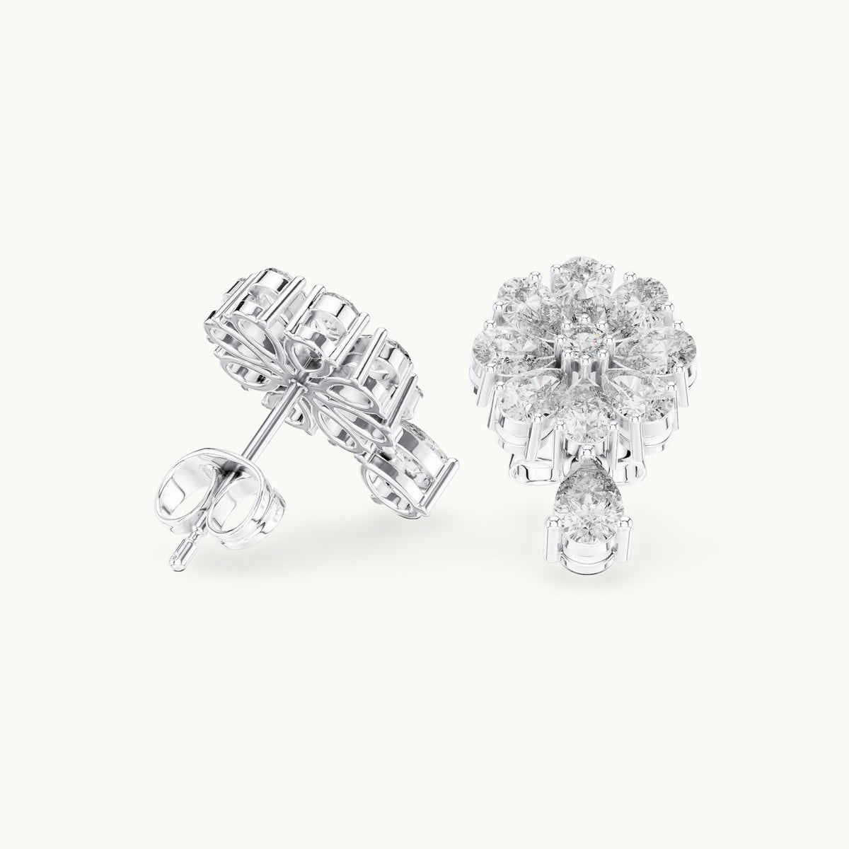 Pear and round lab-grown diamond flower cluster drop earrings in white gold, 1.73 CT TW, view 1