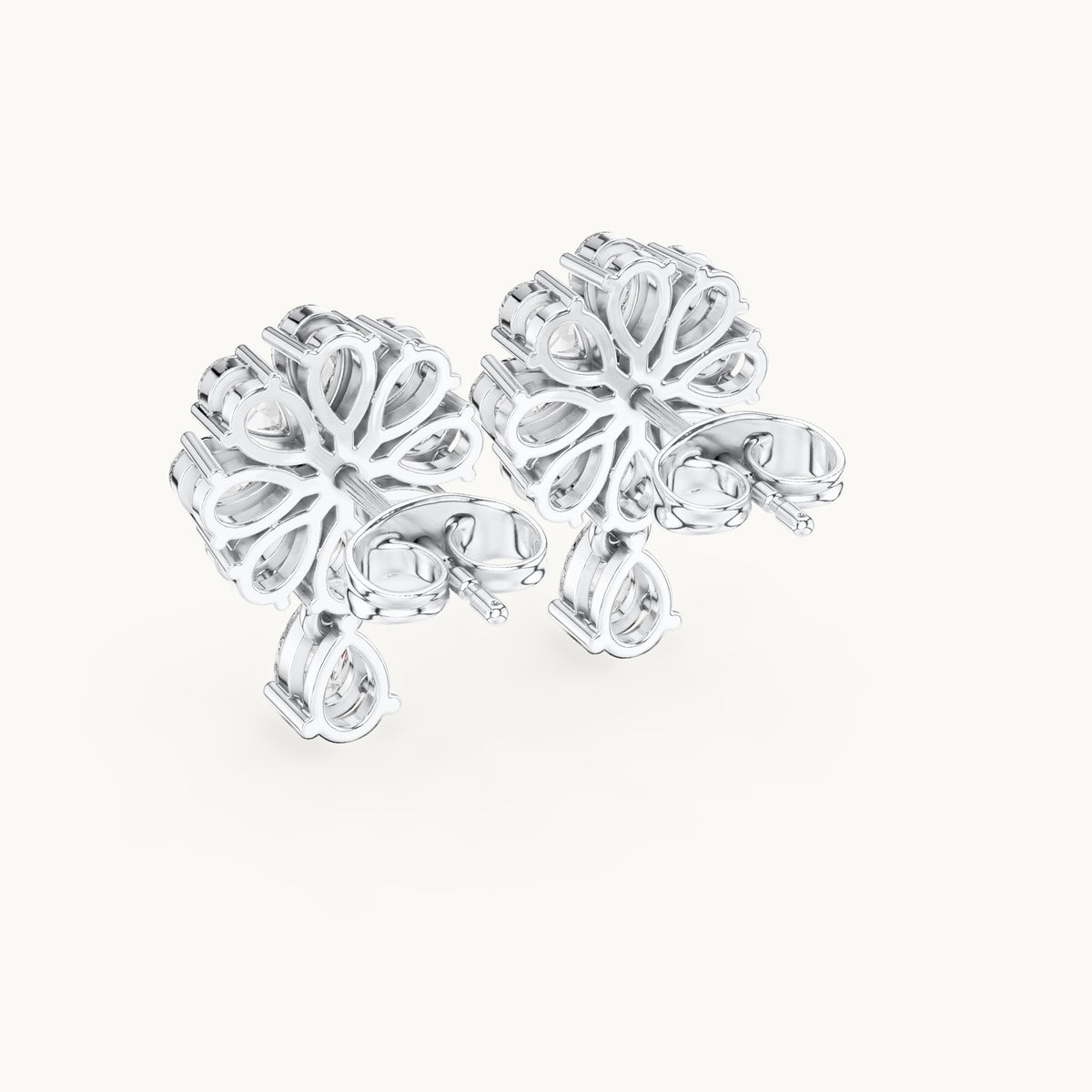 Pear and round lab-grown diamond flower cluster drop earrings in white gold, 1.73 CT TW, view 3