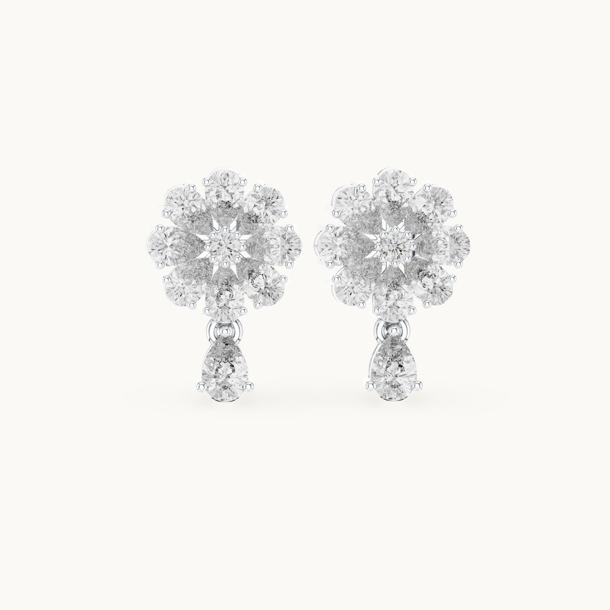 Pear and round lab-grown diamond flower cluster drop earrings in white gold, 1.73 CT TW, view 4
