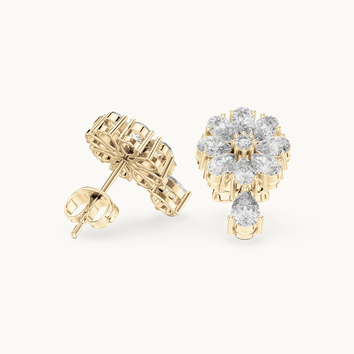 Pear and round lab-grown diamond flower cluster drop earrings in yellow gold, 1.73 CT TW, view 1
