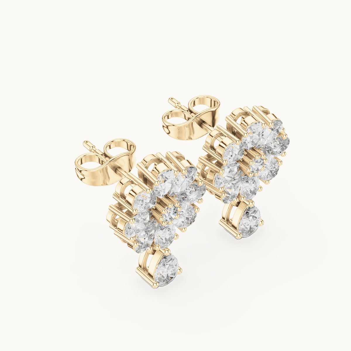 Pear and round lab-grown diamond flower cluster drop earrings in yellow gold, 1.73 CT TW, view 2