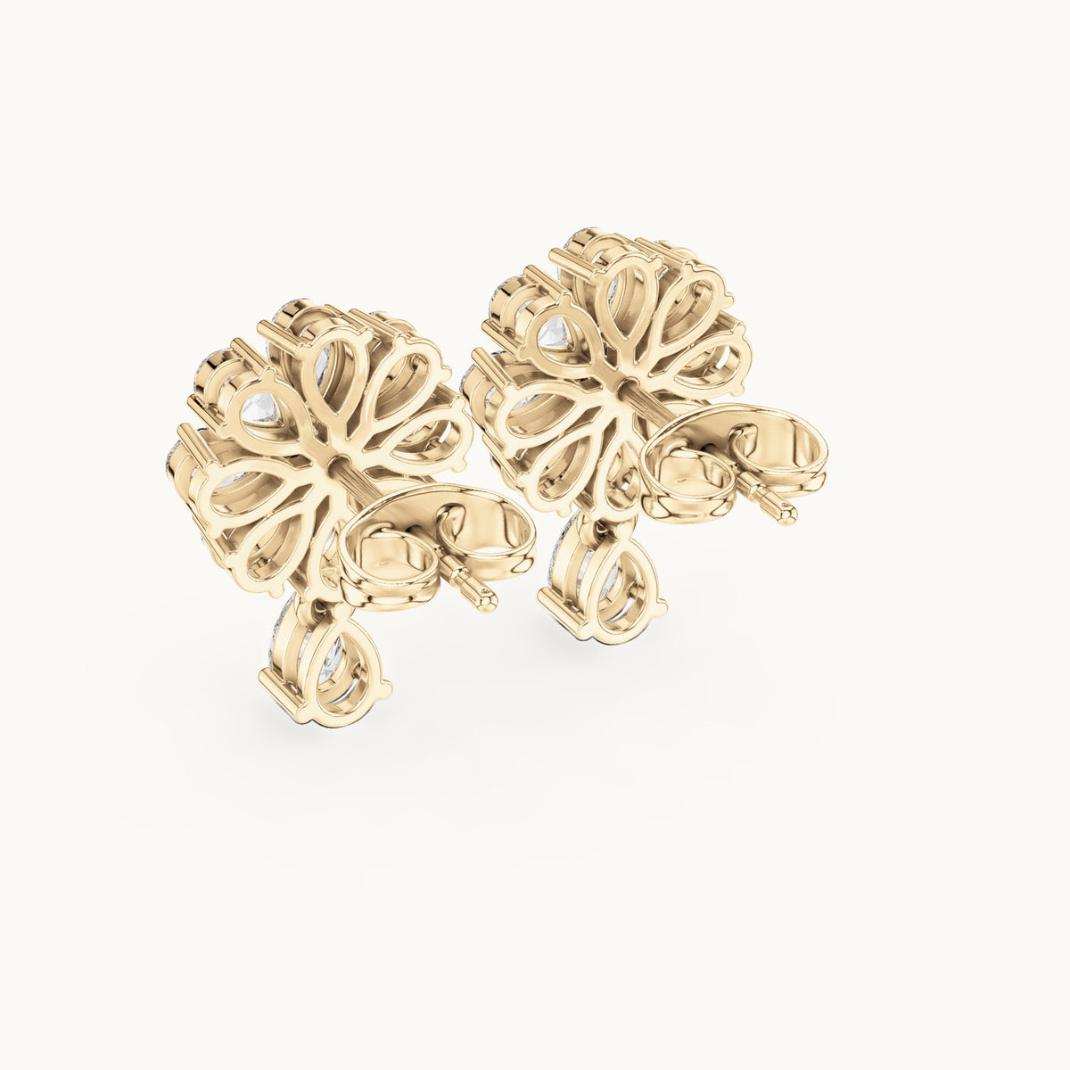 Pear and round lab-grown diamond flower cluster drop earrings in yellow gold, 1.73 CT TW, view 3