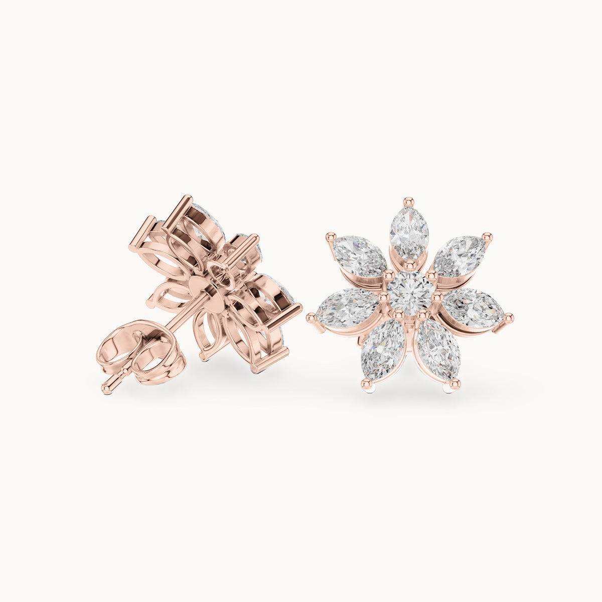 Marquise and round lab-grown diamond flower stud earrings in rose gold, 1.59 CT TW, view 1