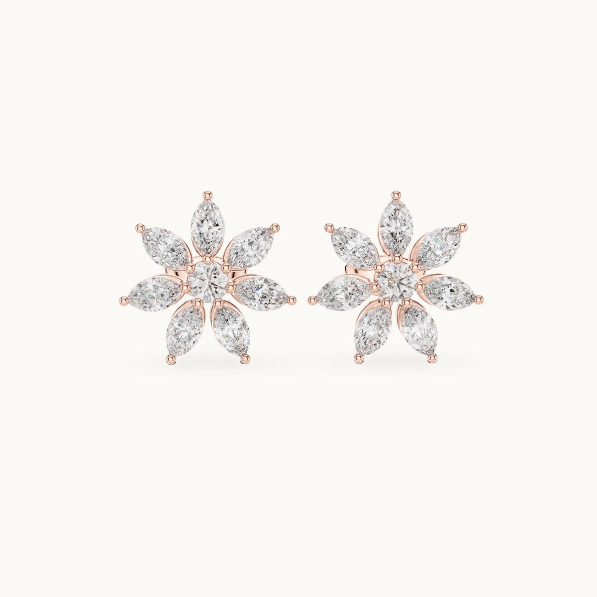Marquise and round lab-grown diamond flower stud earrings in rose gold, 1.59 CT TW, view 4
