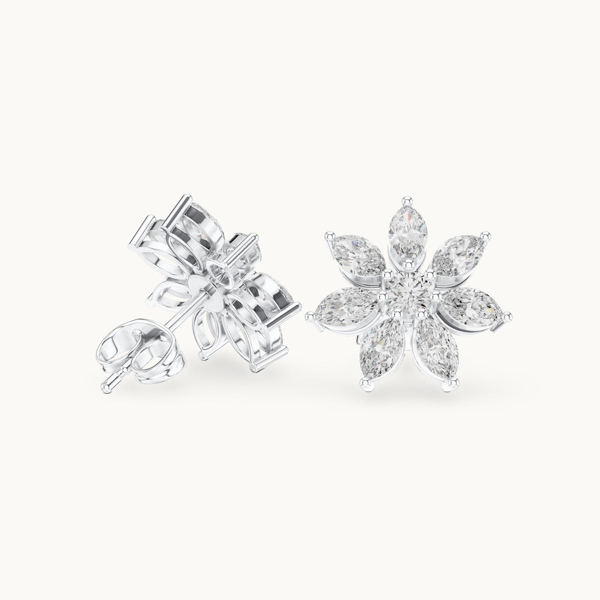 Marquise and round lab-grown diamond flower stud earrings in white gold, 1.59 CT TW, view 1