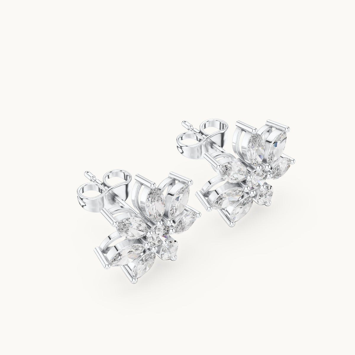 Marquise and round lab-grown diamond flower stud earrings in white gold, 1.59 CT TW, view 2