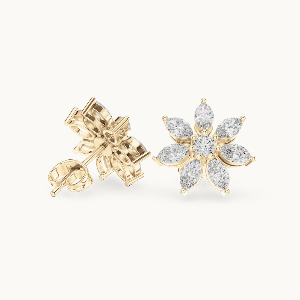 Marquise and round lab-grown diamond flower stud earrings in yellow gold, 1.59 CT TW, view 1