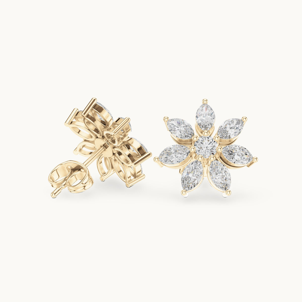 Marquise and round lab-grown diamond flower stud earrings in yellow gold, 1.59 CT TW, view 1
