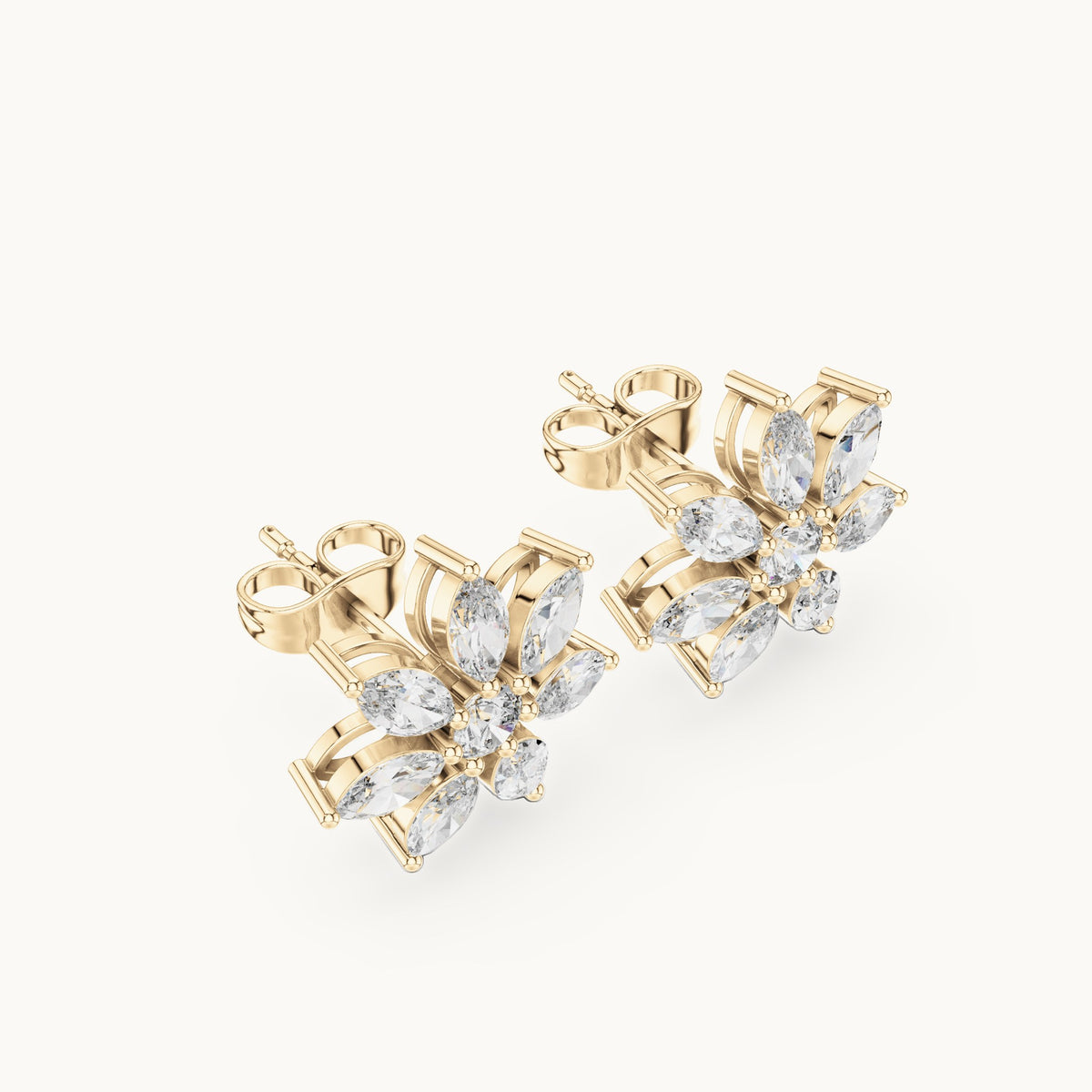 Marquise and round lab-grown diamond flower stud earrings in yellow gold, 1.59 CT TW, view 2