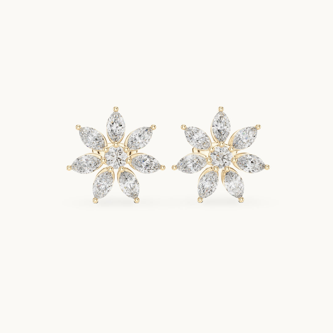 Marquise and round lab-grown diamond flower stud earrings in yellow gold, 1.59 CT TW, view 4