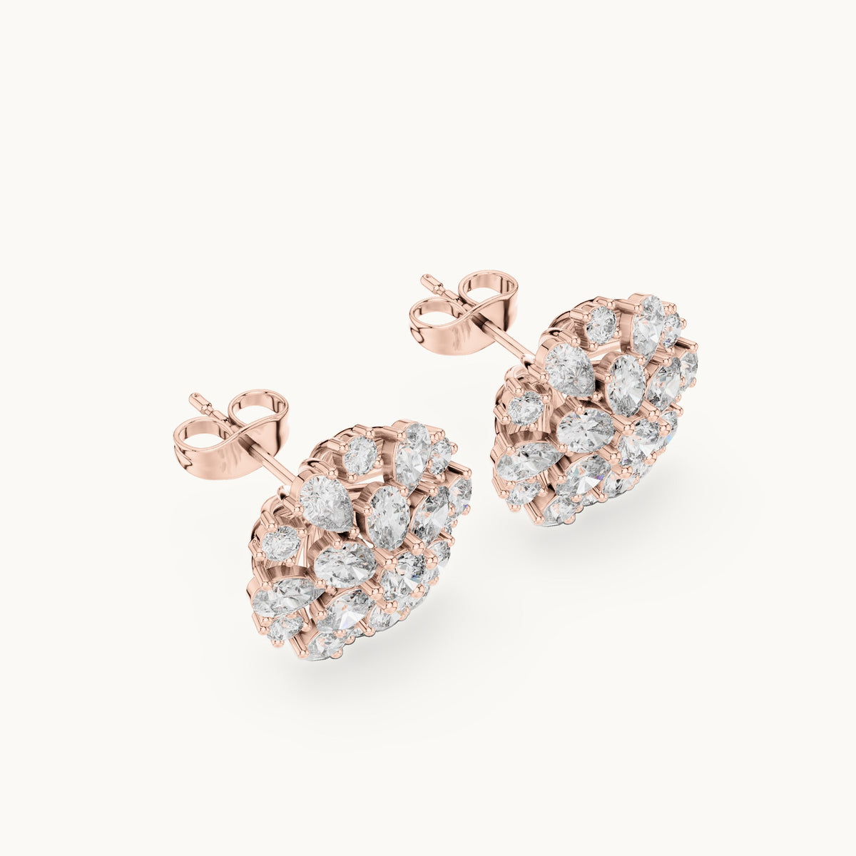 Pear, oval and round lab-grown diamond sunburst cluster stud earrings in rose gold, 2.65 CT TW, view 2