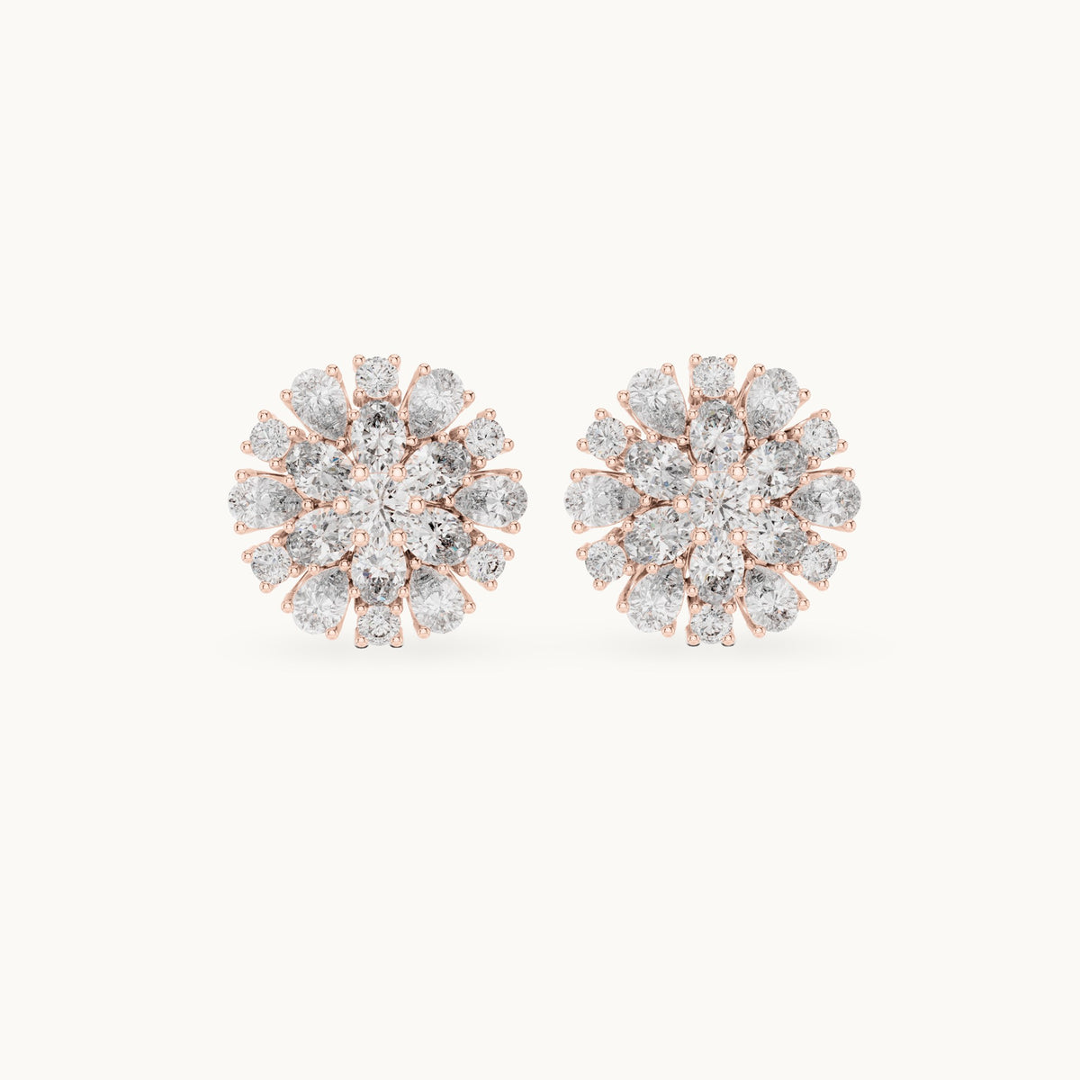 Pear, oval and round lab-grown diamond sunburst cluster stud earrings in rose gold, 2.65 CT TW, view 4
