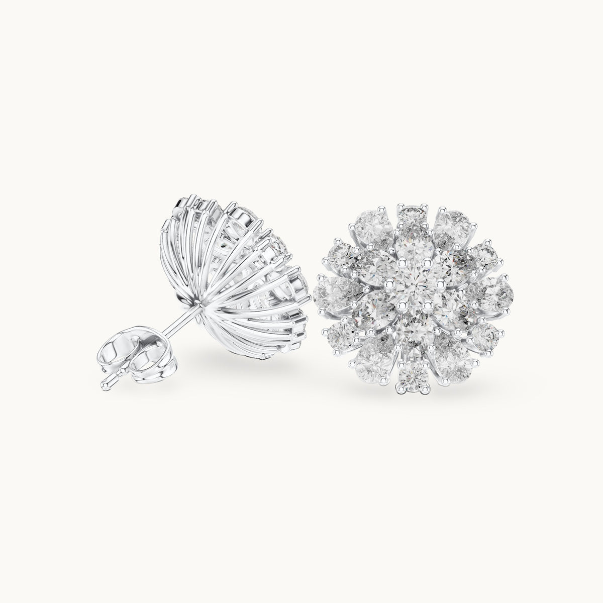 Pear, oval and round lab-grown diamond sunburst cluster stud earrings in white gold, 2.65 CT TW, view 1