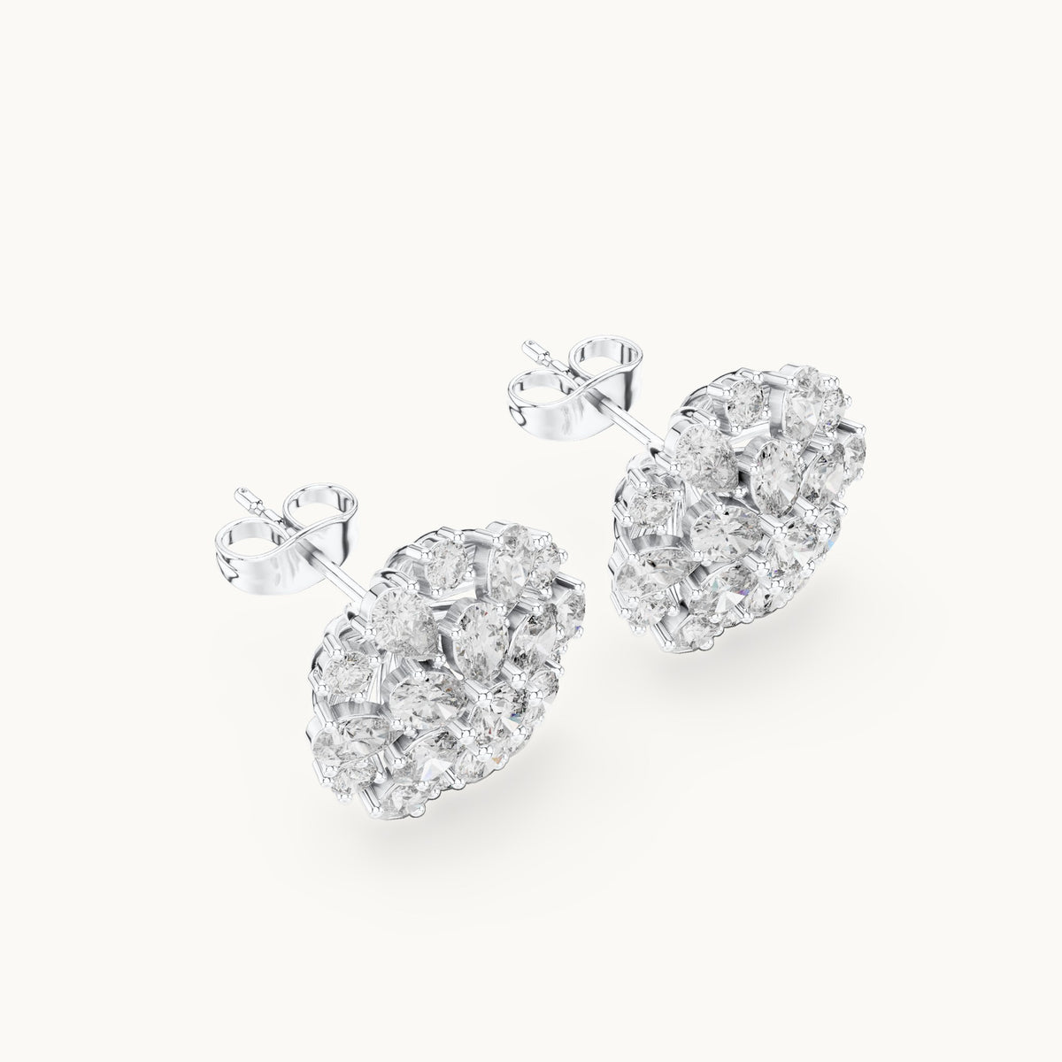 Pear, oval and round lab-grown diamond sunburst cluster stud earrings in white gold, 2.65 CT TW, view 2